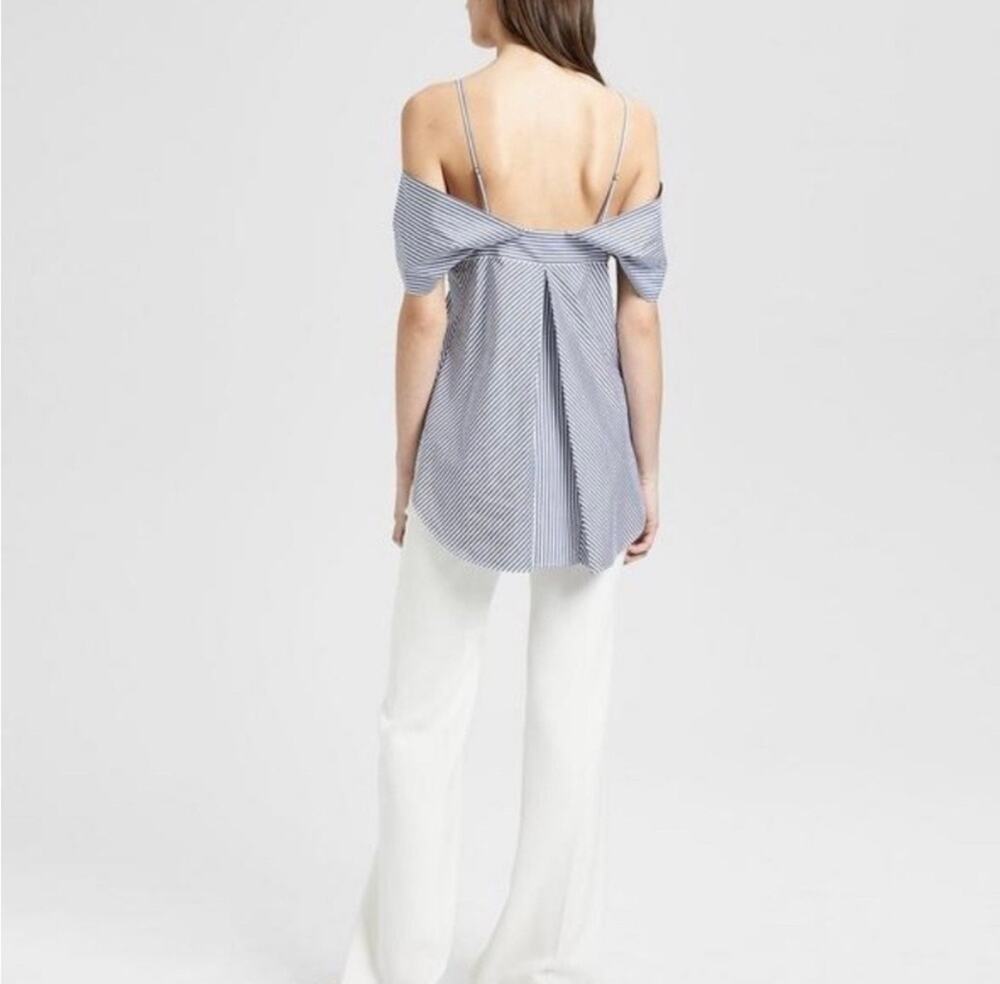 Theory Hartman Stripe Off Shoulder Button Front Cotton Blouse XL Blue White